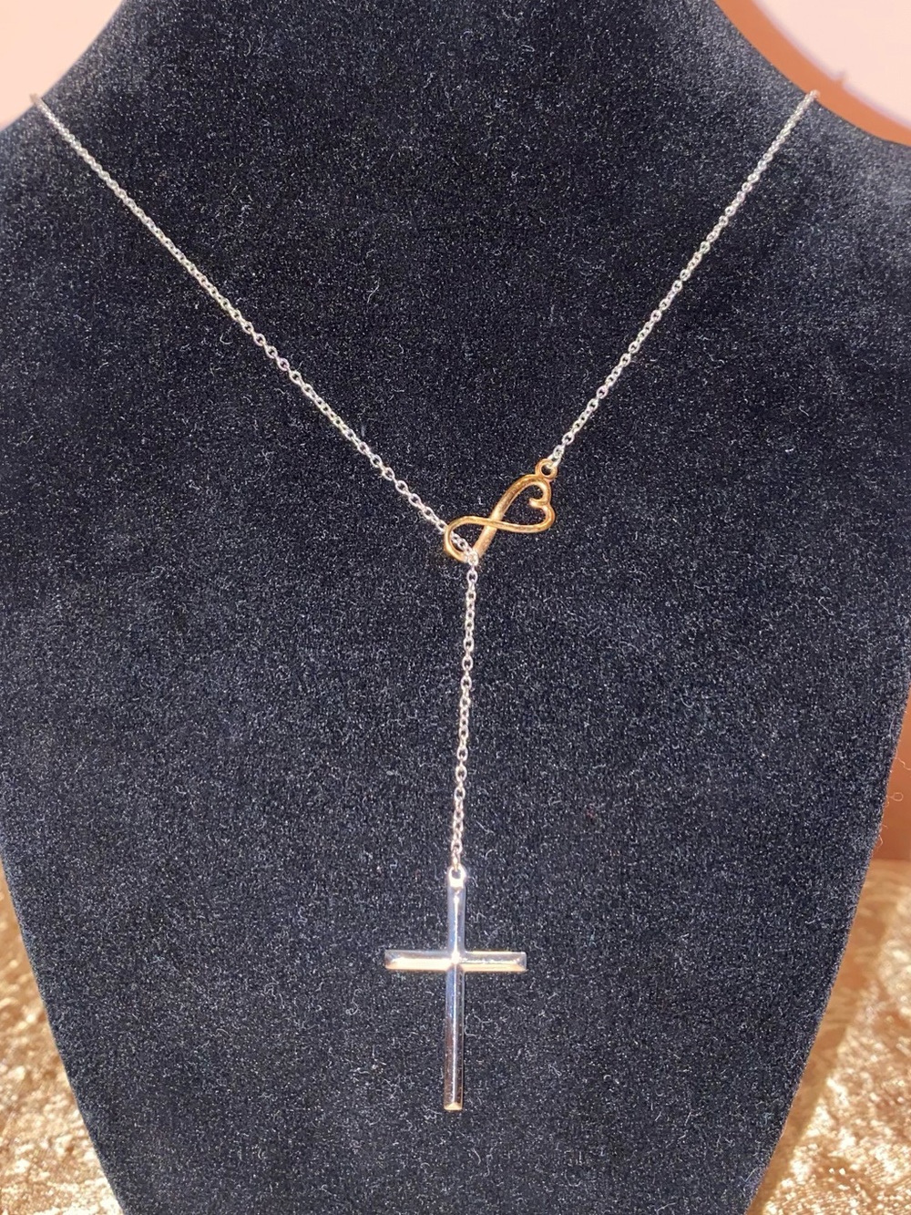 TWO-TONE INFINITY CROSS LARIAT Necklace Stainless Steel Sil/Gold Tone 18”